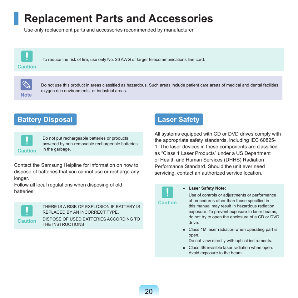 Replacement parts and accessories, Battery disposal, Laser safety | Samsung M60 User Manual | Page 21 / 201