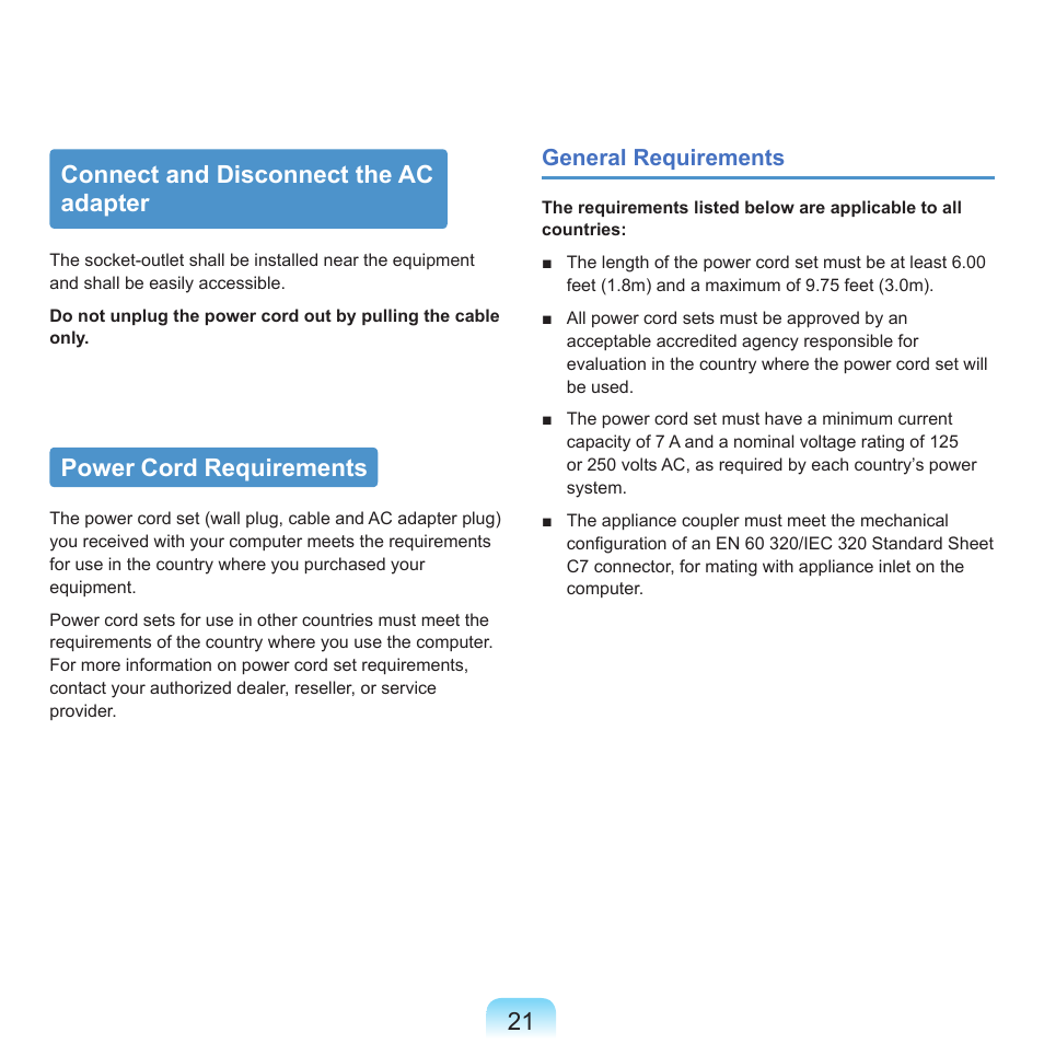 Connect and disconnect the ac adapter, Power cord requirements | Samsung M60 User Manual | Page 22 / 201