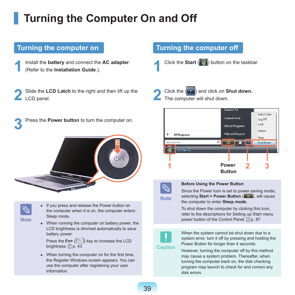 Turning the computer on and off, Turning the computer on, Turning the computer off | Samsung M60 User Manual | Page 40 / 201