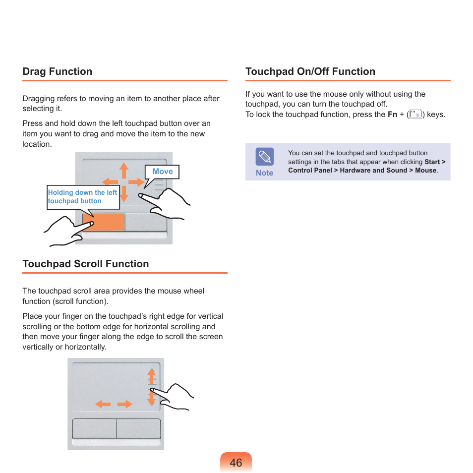 Drag function, Touchpad scroll function, Touchpad on/off function | Samsung M60 User Manual | Page 47 / 201