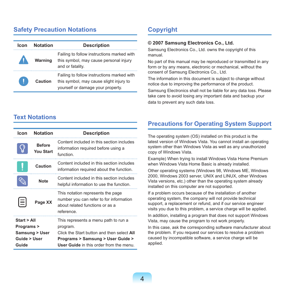 Safety precaution notations, Text notations, Copyright | Precautions for operating system support | Samsung M60 User Manual | Page 5 / 201