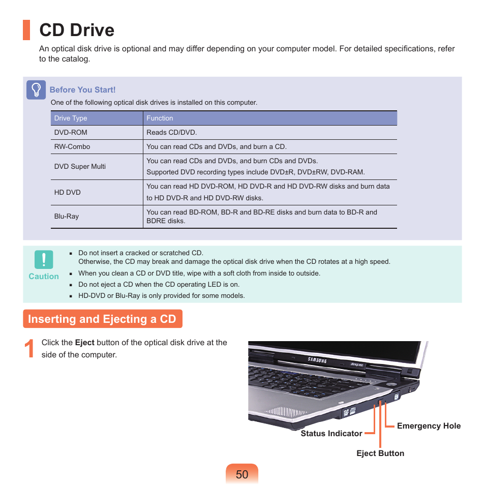 Cd drive, Inserting and ejecting a cd | Samsung M60 User Manual | Page 51 / 201