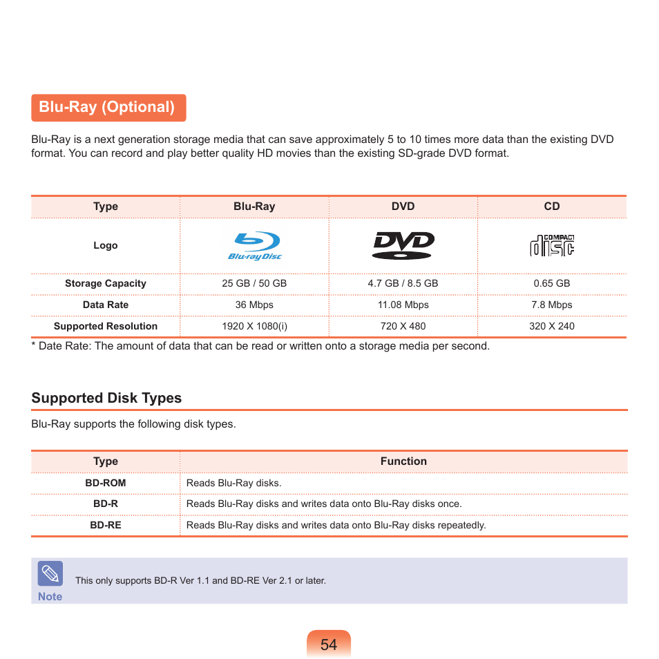 Blu-ray (optional), Supported disk types | Samsung M60 User Manual | Page 55 / 201