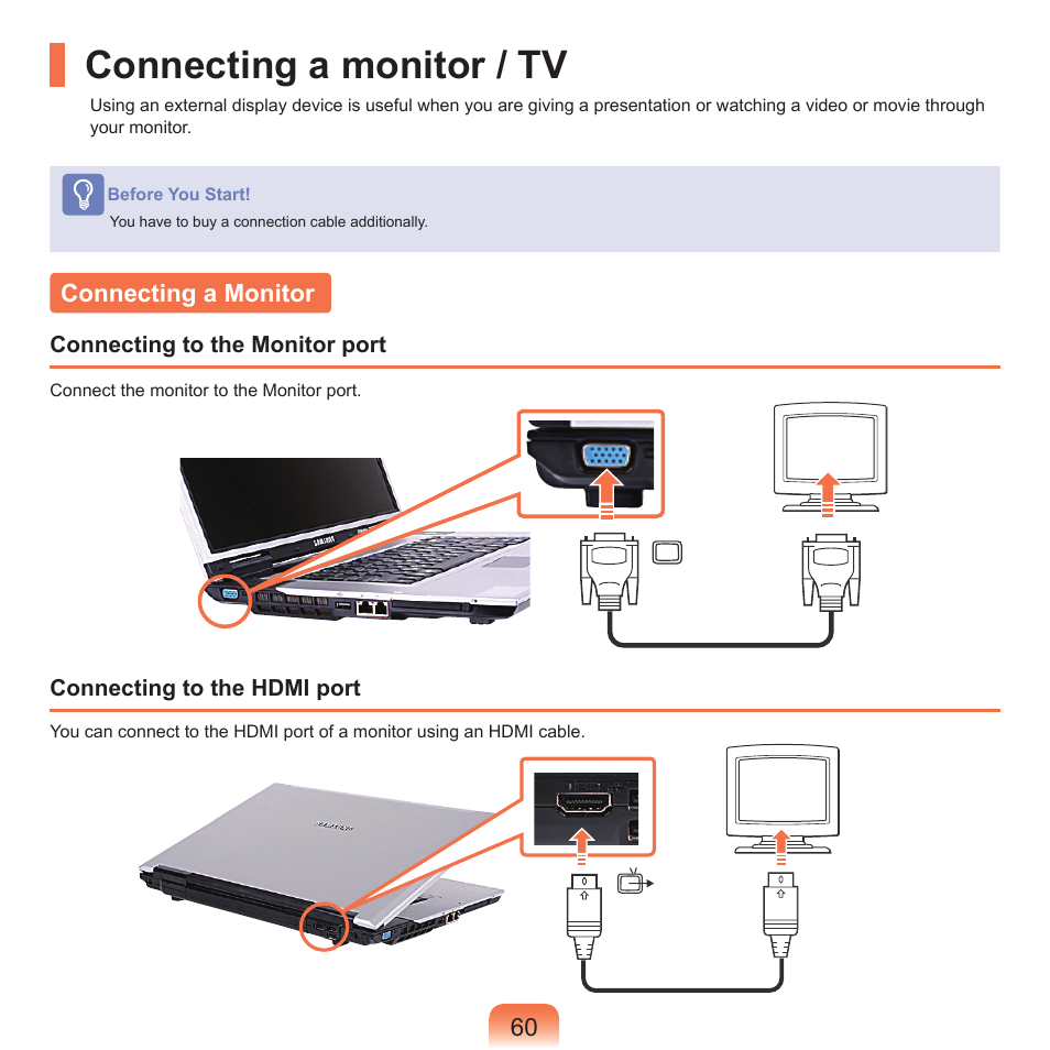 Connecting a monitor / tv, Connecting a monitor | Samsung M60 User Manual | Page 61 / 201