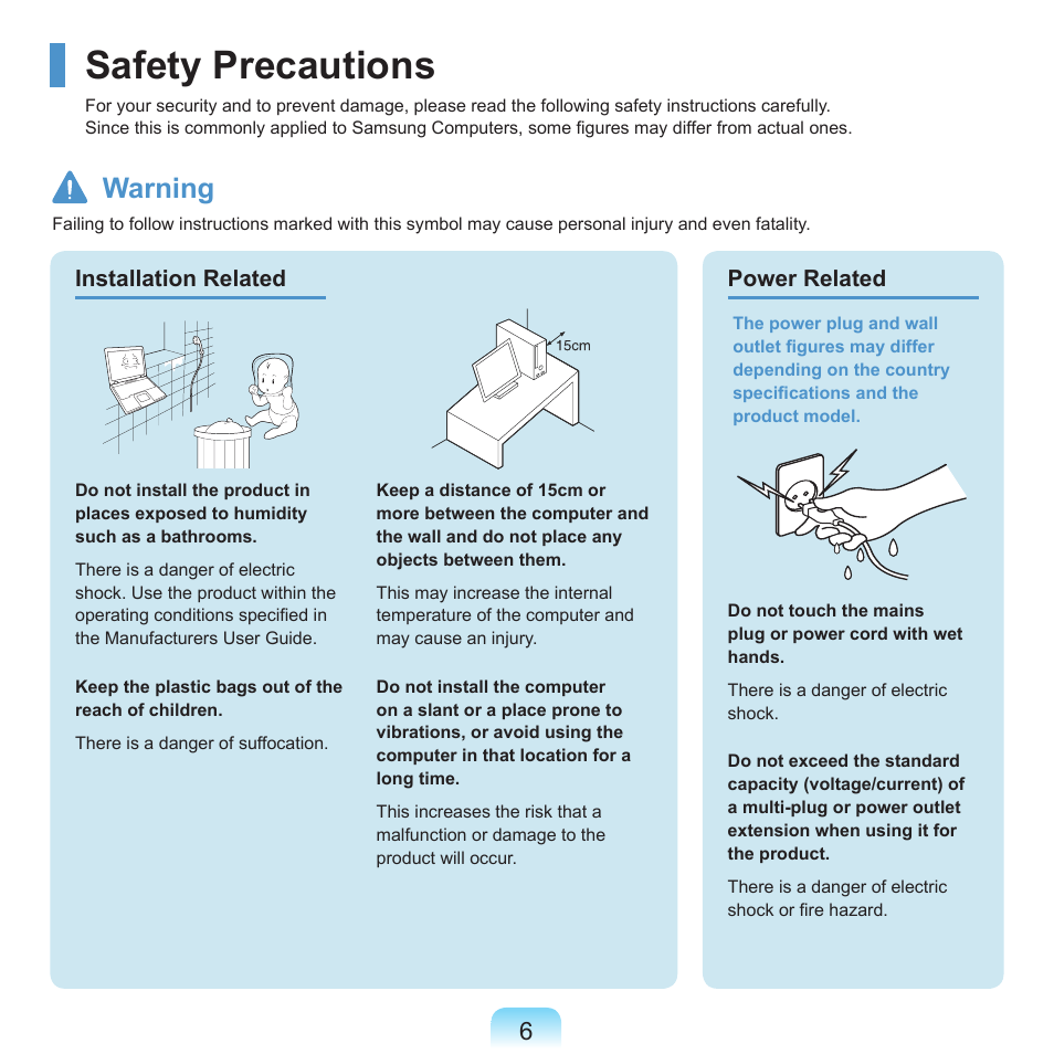 Safety precautions, Warning | Samsung M60 User Manual | Page 7 / 201