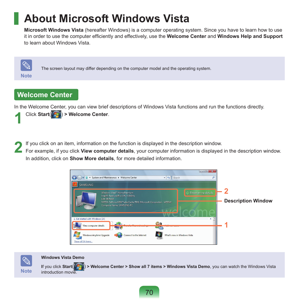 About microsoft windows vista, Welcome center | Samsung M60 User Manual | Page 71 / 201