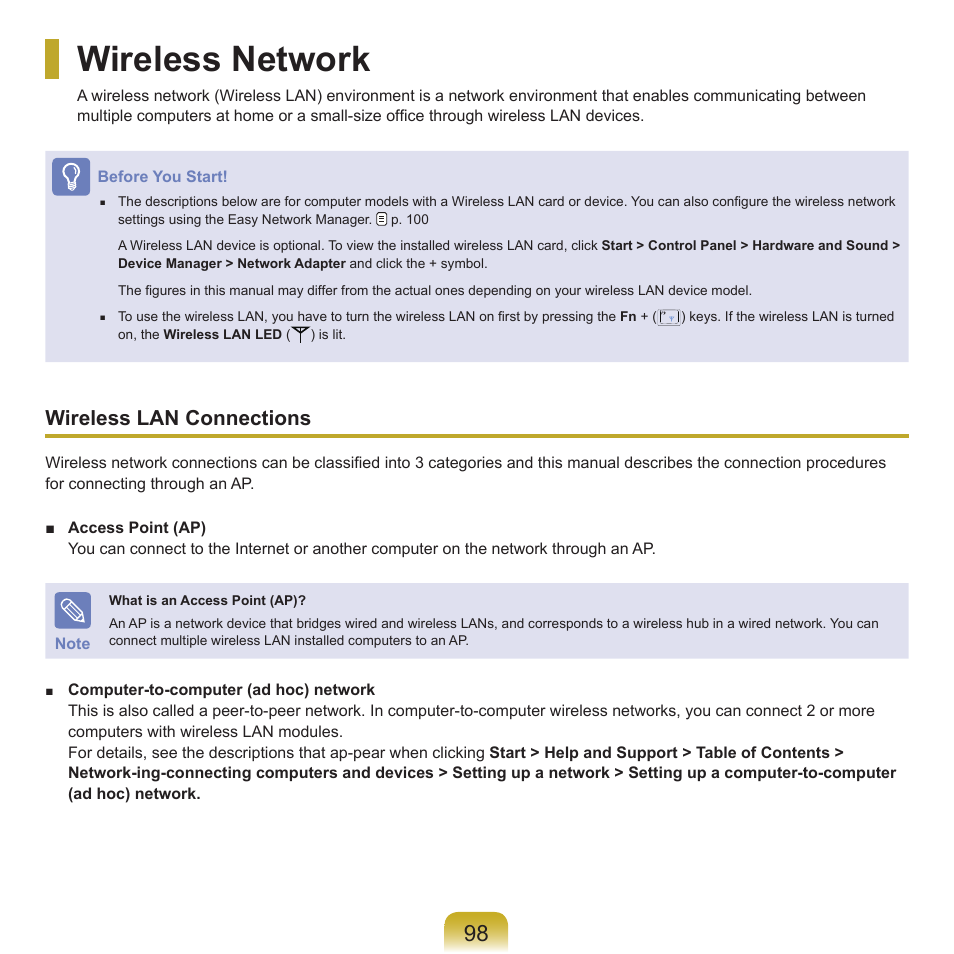 Wireless network, Wireless lan connections | Samsung M60 User Manual | Page 99 / 201