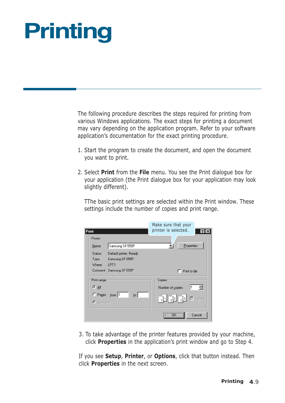 Printing, Printing a document | Samsung SF-555P User Manual | Page 102 / 175