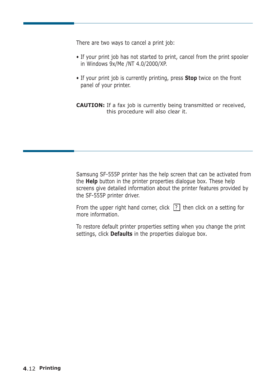 Cancelling a print job, Printing help | Samsung SF-555P User Manual | Page 105 / 175