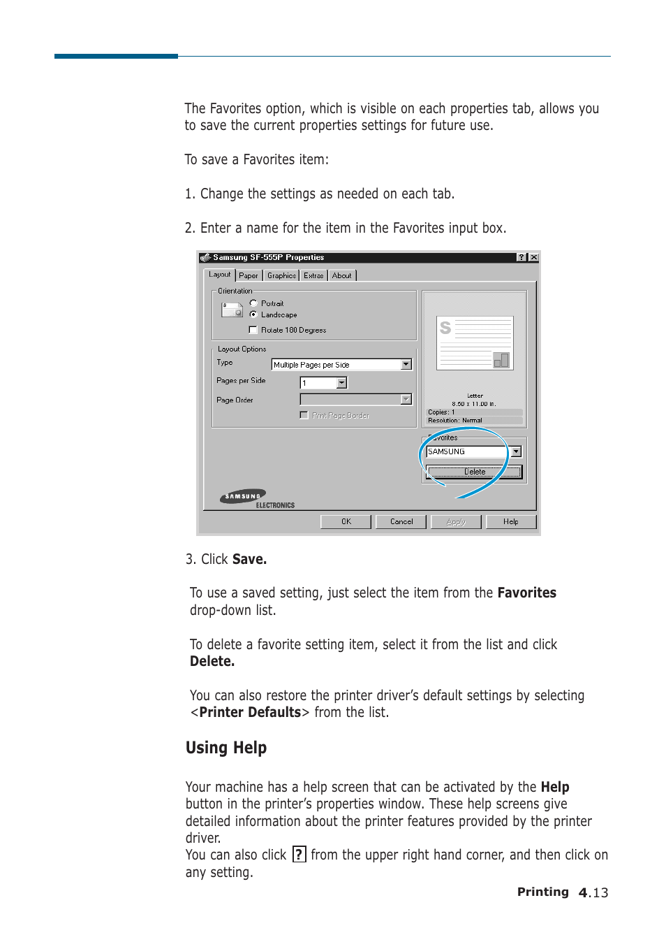Using a favorite setting, Using help | Samsung SF-555P User Manual | Page 106 / 175
