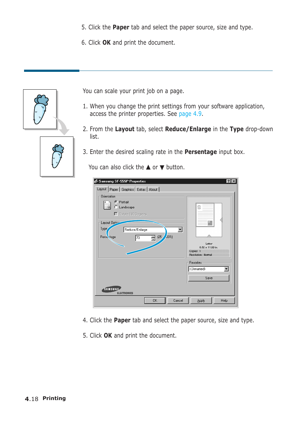 Printing a reduced or enlarged document | Samsung SF-555P User Manual | Page 111 / 175