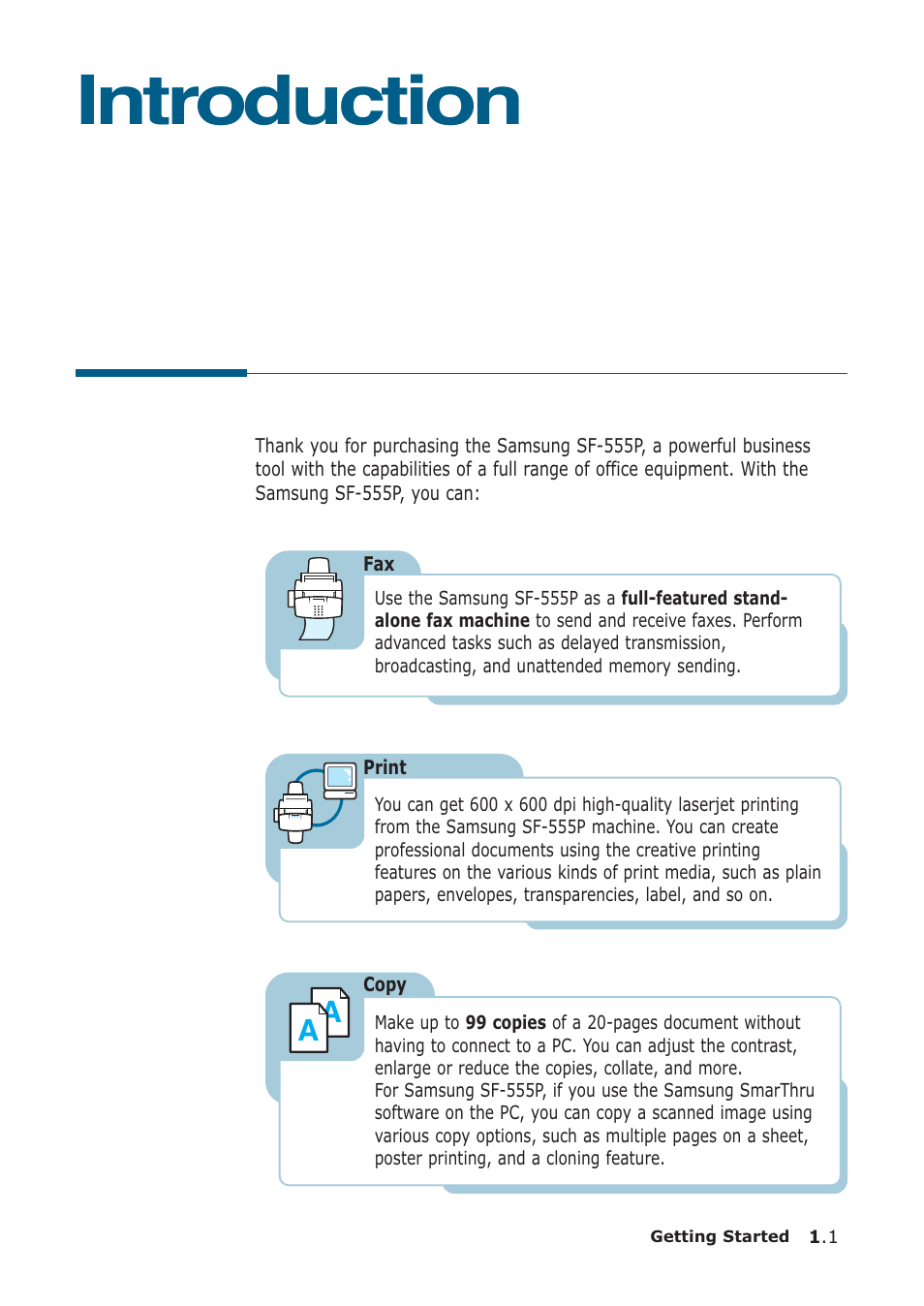 Introduction, Welcome | Samsung SF-555P User Manual | Page 12 / 175