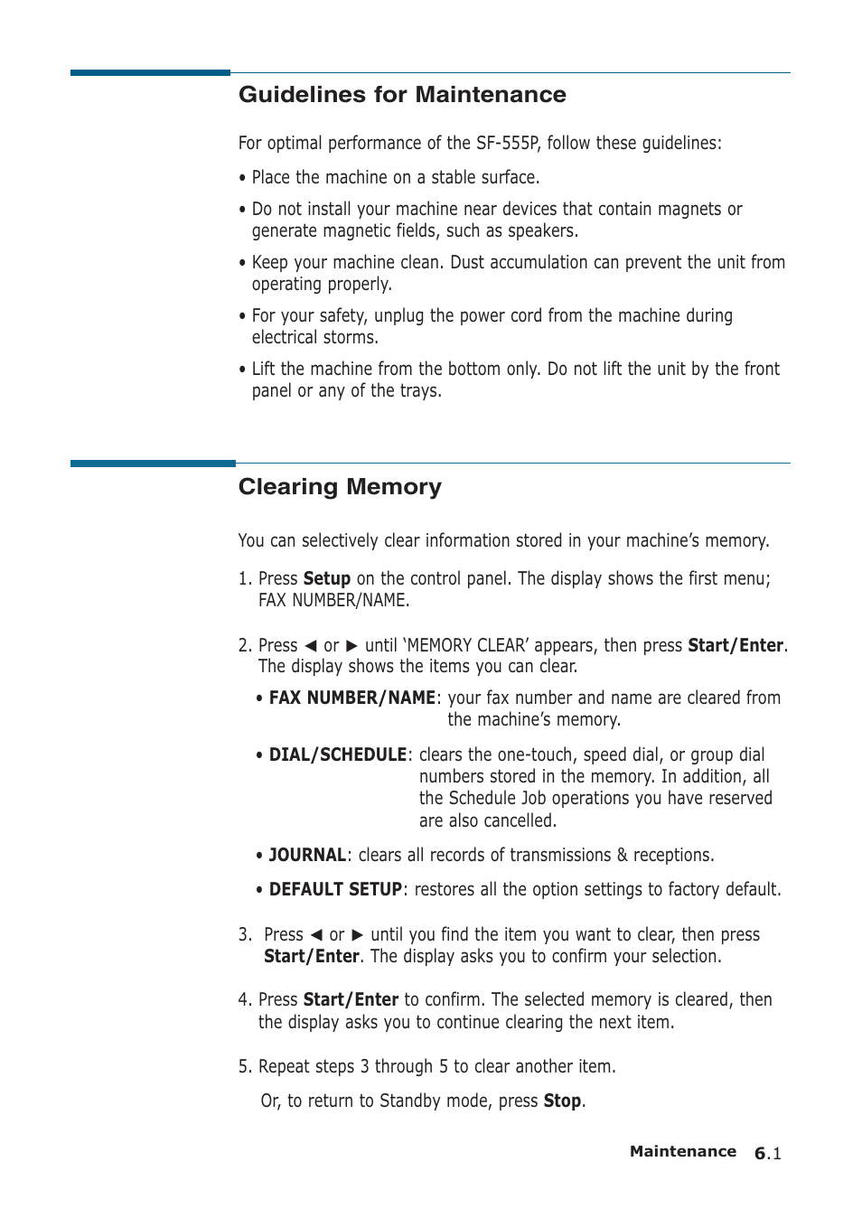 Guidelines for maintenance, Clearing memory | Samsung SF-555P User Manual | Page 134 / 175