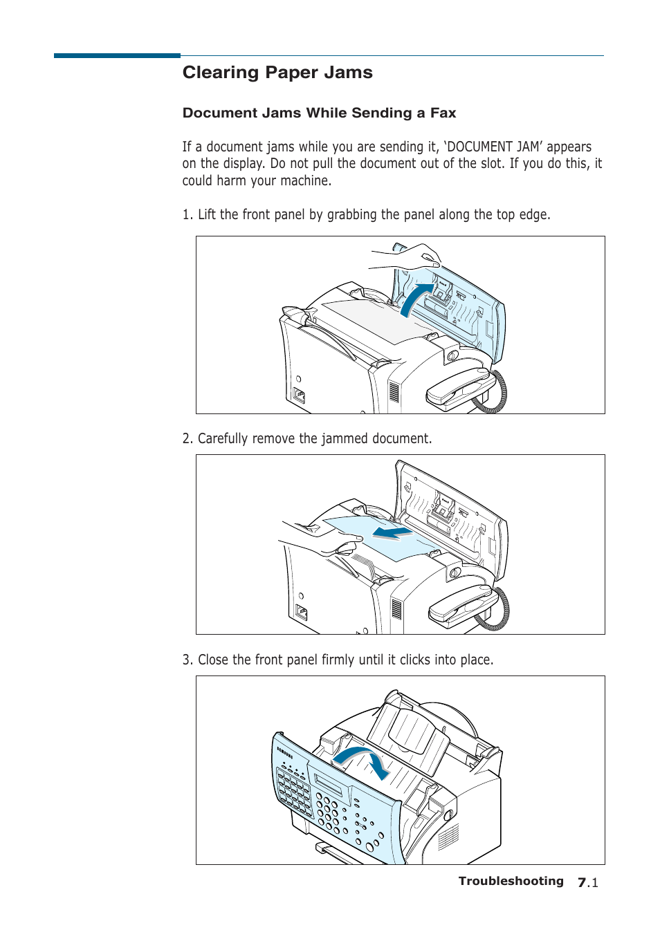 Clearing paper jams, Carefully remove the jammed document, Document jams while sending a fax | Samsung SF-555P User Manual | Page 146 / 175