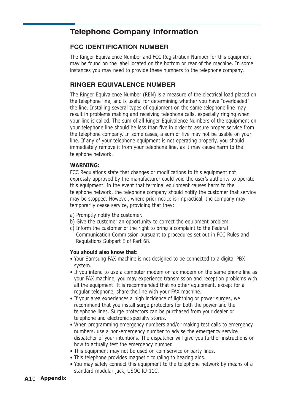 Telephone company information | Samsung SF-555P User Manual | Page 171 / 175