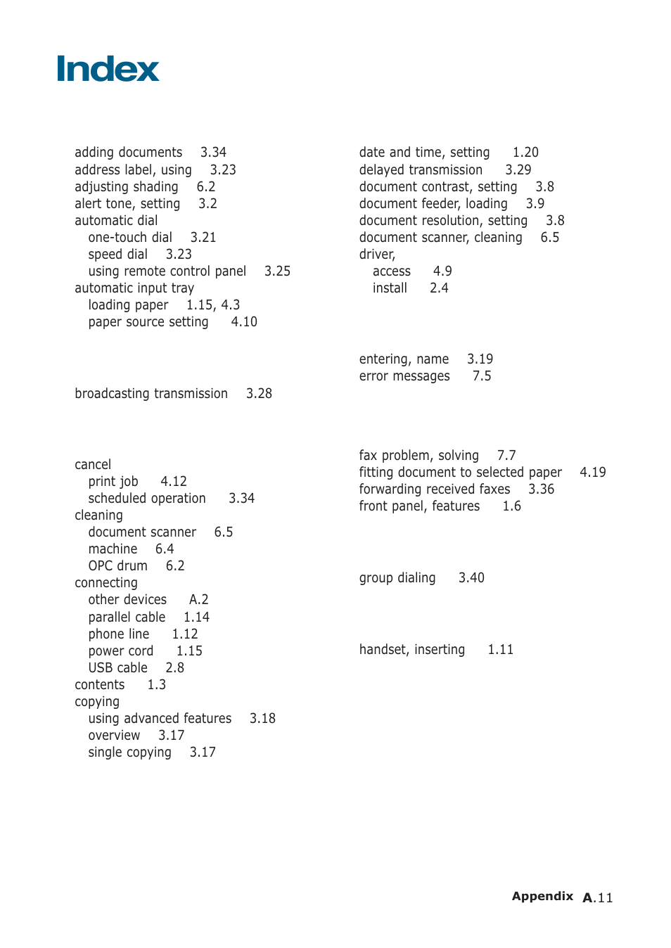 Index | Samsung SF-555P User Manual | Page 172 / 175