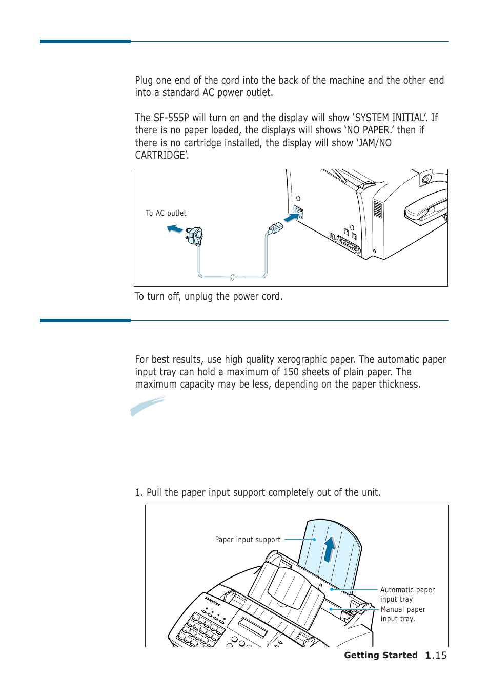 Plugging in the power, Loading paper | Samsung SF-555P User Manual | Page 26 / 175