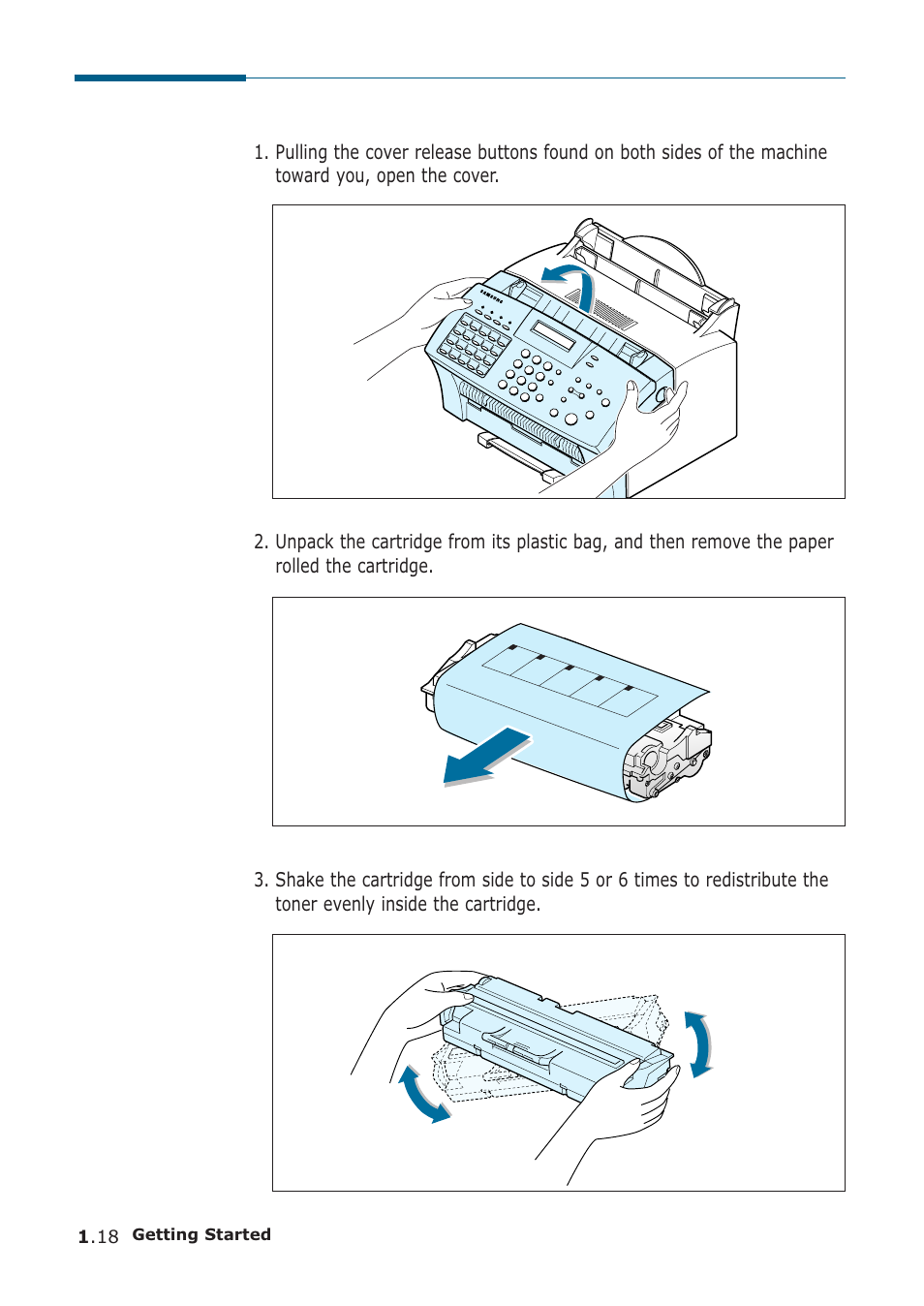 Installing the toner cartridge, Installing toner cartridge | Samsung SF-555P User Manual | Page 29 / 175