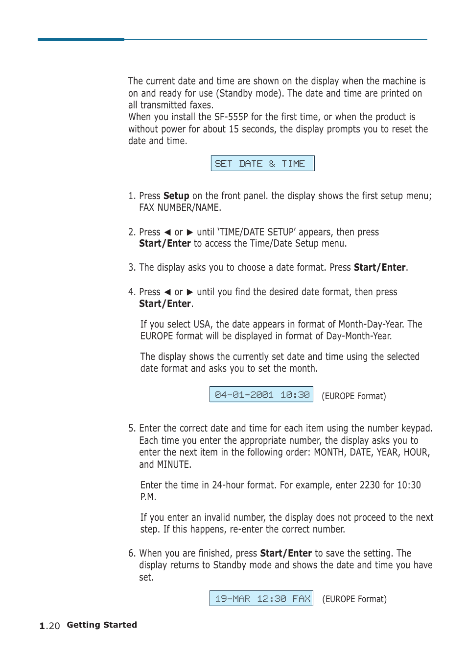 Setting the date and time | Samsung SF-555P User Manual | Page 31 / 175