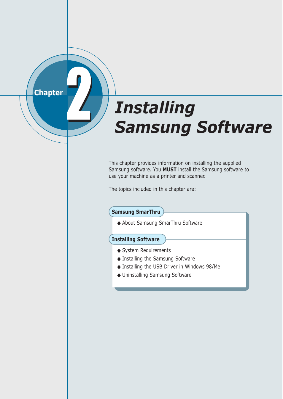 Installing samsung software | Samsung SF-555P User Manual | Page 35 / 175