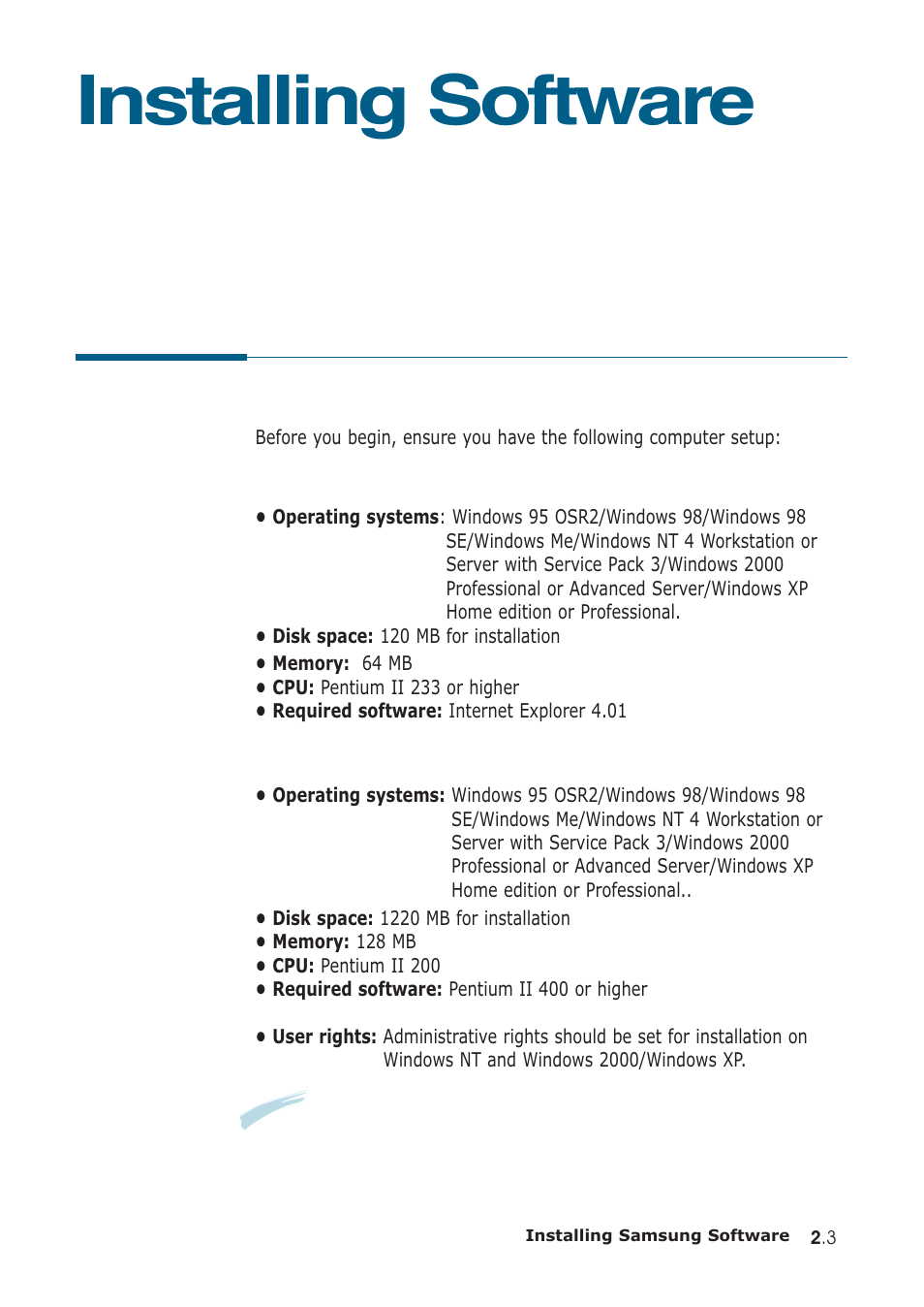 Installing software, System requirements | Samsung SF-555P User Manual | Page 38 / 175