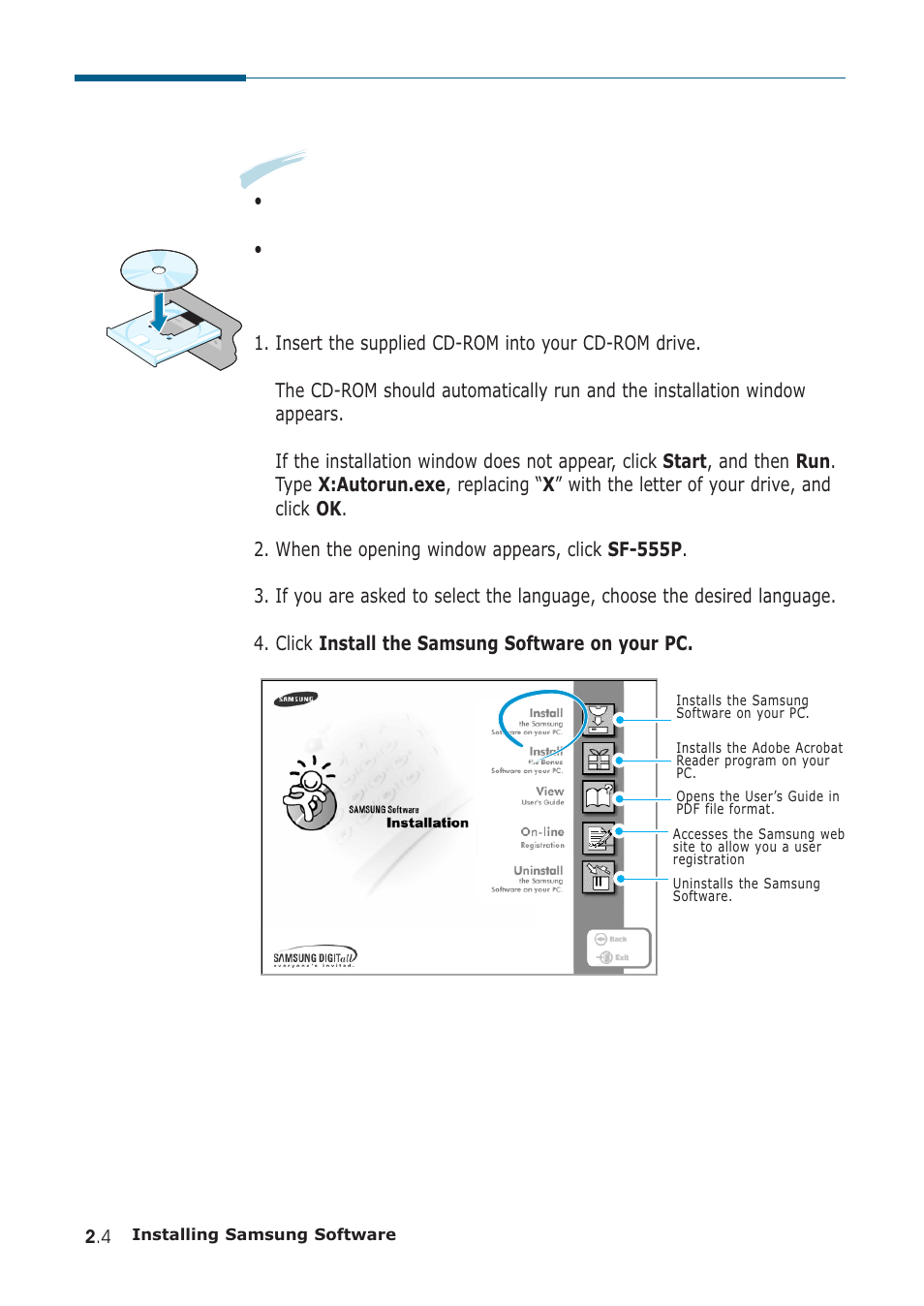Installing the samsung software | Samsung SF-555P User Manual | Page 39 / 175
