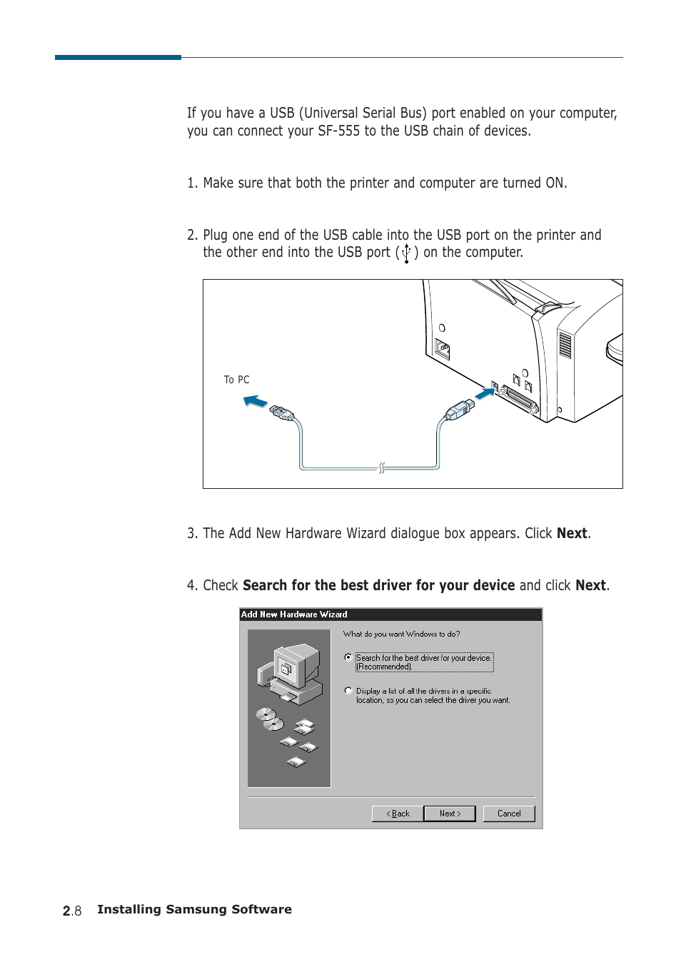 Installing the usb driver in windows 98/me | Samsung SF-555P User Manual | Page 43 / 175