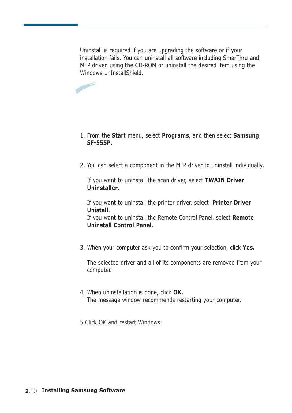 Uninstalling samsung software | Samsung SF-555P User Manual | Page 45 / 175