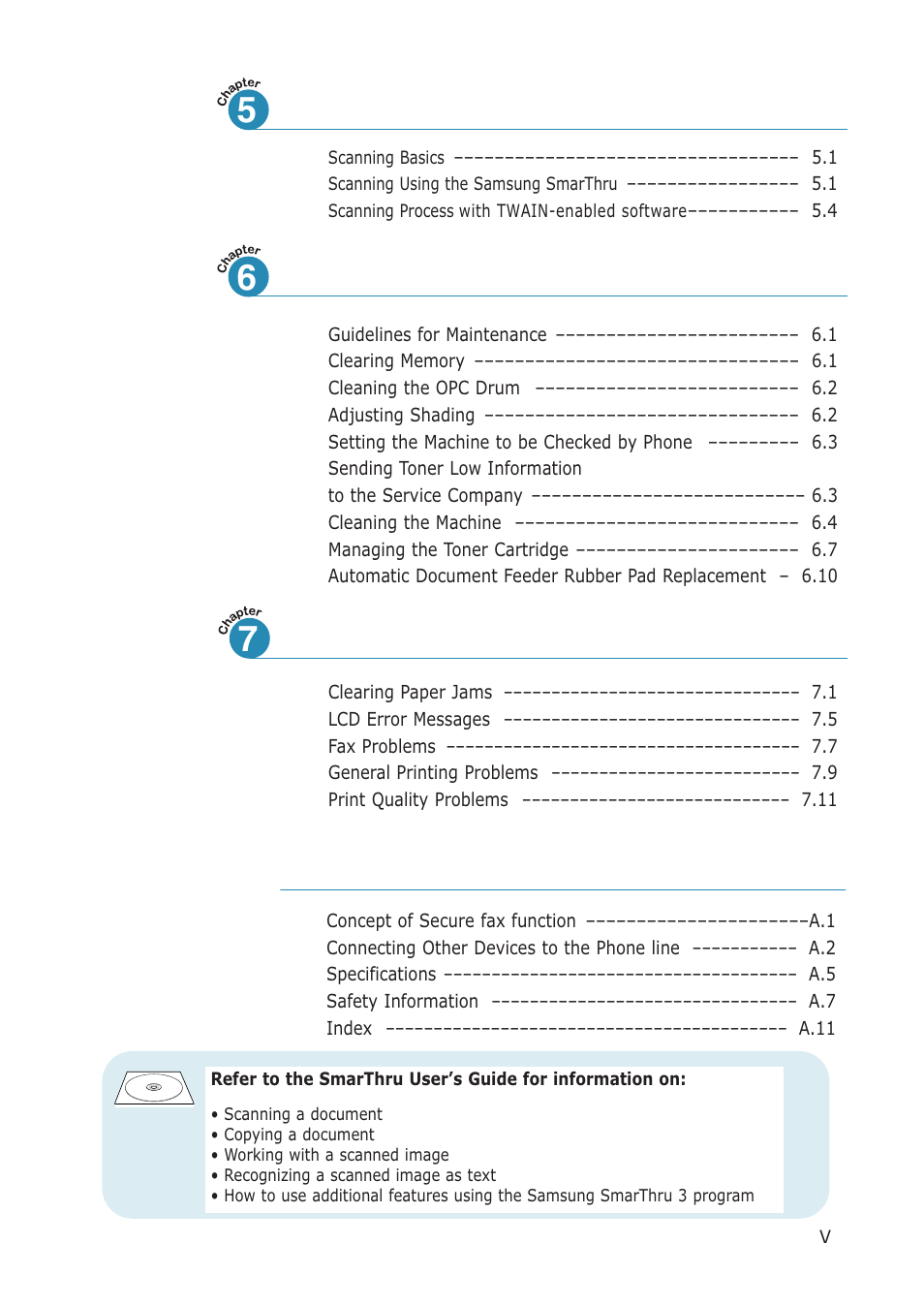 6maintenance, Troubleshooting 7, Appendix | 5scanning | Samsung SF-555P User Manual | Page 6 / 175