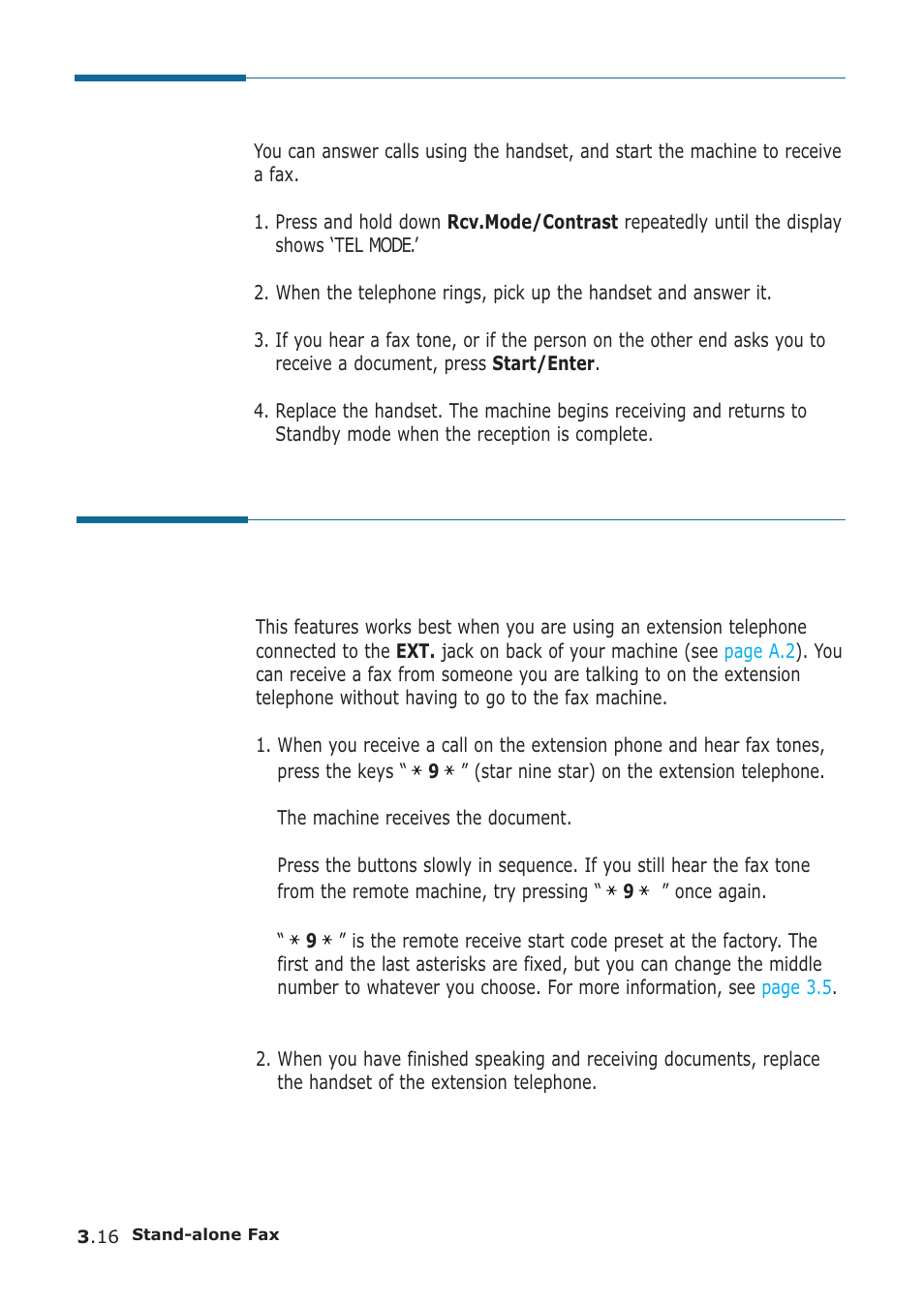 Receiving manually in tel mode, Receiving manually using an extension telephone | Samsung SF-555P User Manual | Page 65 / 175