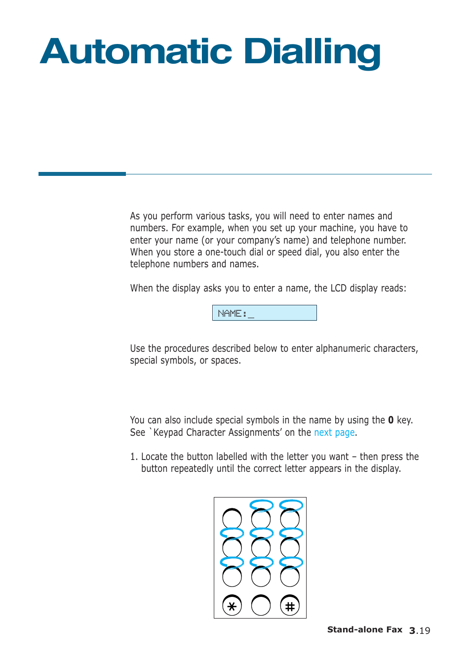 Automatic dialling, How to enter a name using the number keys | Samsung SF-555P User Manual | Page 68 / 175