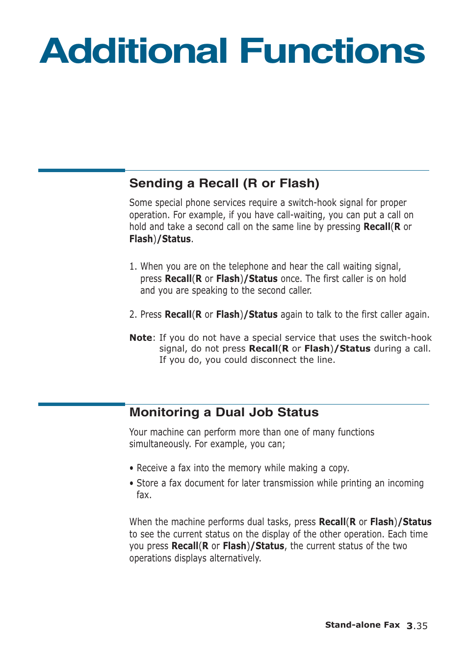 Additional functions, Sending a recall (flash or r), Monitoring a dual job status | Samsung SF-555P User Manual | Page 84 / 175