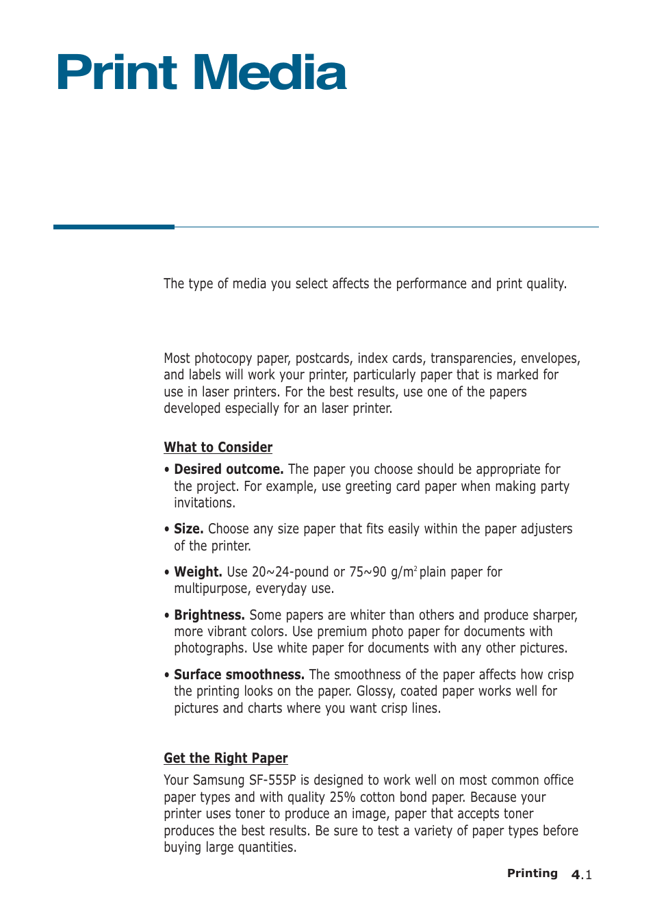 Print media, Selecting print media, Printing a document | Samsung SF-555P User Manual | Page 94 / 175