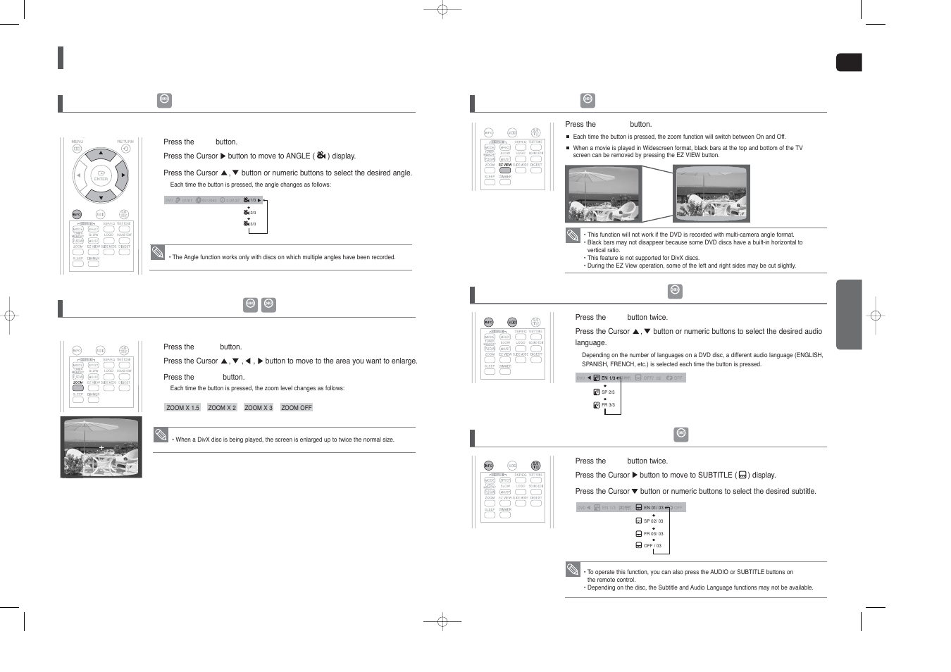 Using the playback function, Con’t), Angle function | Zoom (screen enlarge) function, Ez view function, Audio language selection function, Subtitle language selection function | Samsung HT-X20 EN User Manual | Page 17 / 32