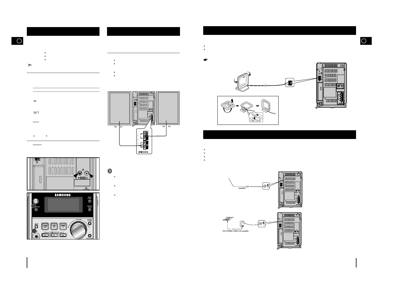 Connecting to an external source, Speaker connection, Connecting the am (mw)/lw aerial | Connecting the fm aerial | Samsung MM-J5S User Manual | Page 5 / 12