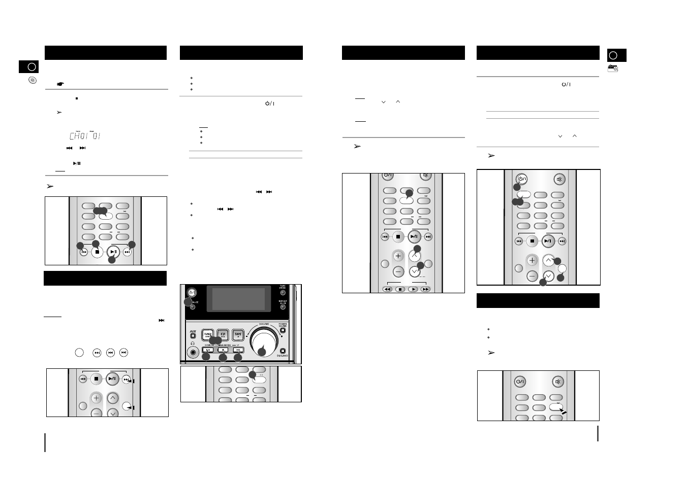 Checking and changing programmed tracks, Searching for and storing the radio stations, Tuner | Selecting a stored station, Improving radio reception, Function to skip through 10 tracks at a time | Samsung MM-J5S User Manual | Page 7 / 12