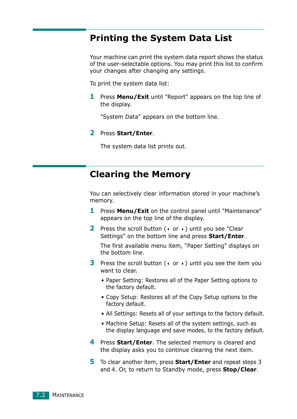 Printing the system data list, Clearing the memory, Printing the system data list clearing the memory | Samsung Laser MFP SCX-4100 User Manual | Page 123 / 169