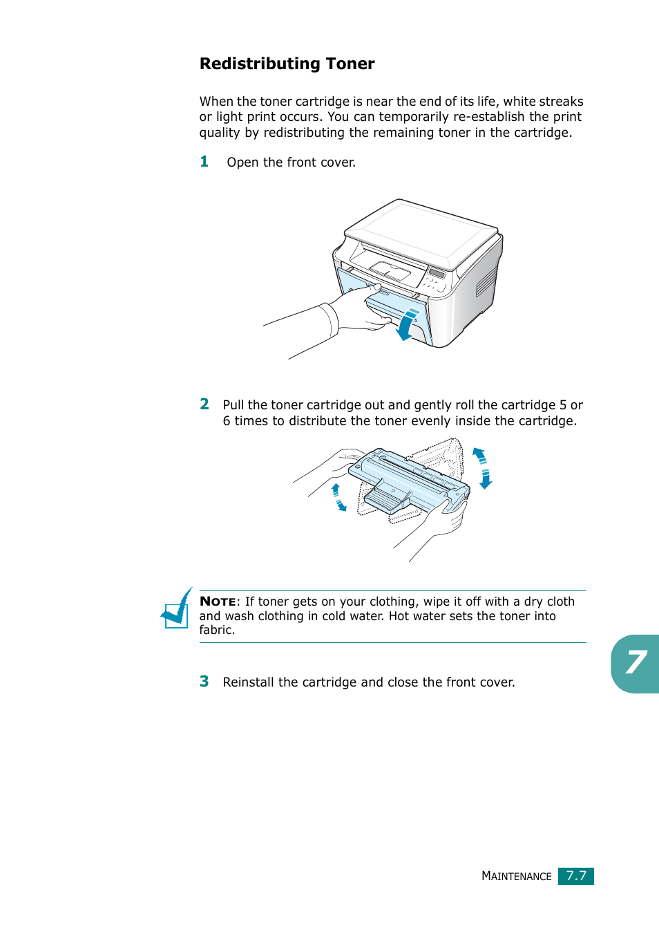 Redistributing toner | Samsung Laser MFP SCX-4100 User Manual | Page 128 / 169