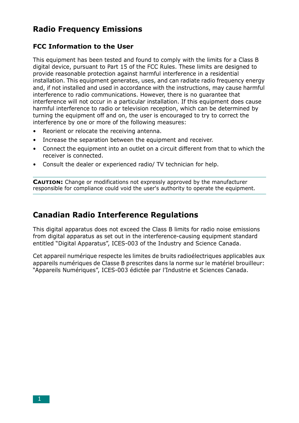 Radio frequency emissions, Canadian radio interference regulations | Samsung Laser MFP SCX-4100 User Manual | Page 13 / 169