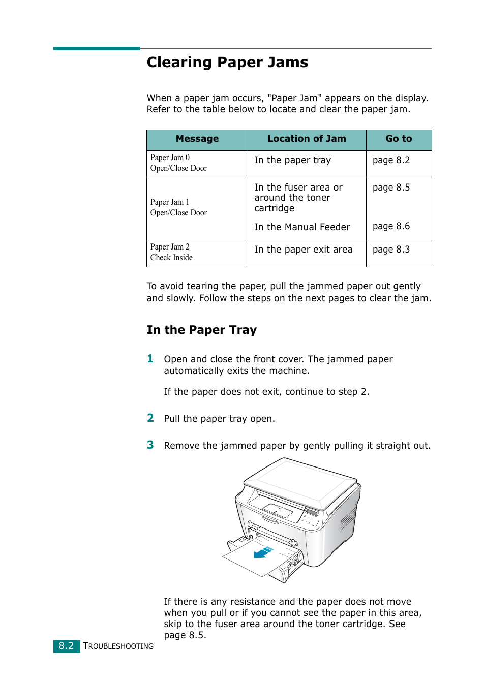 Clearing paper jams, In the paper tray | Samsung Laser MFP SCX-4100 User Manual | Page 133 / 169