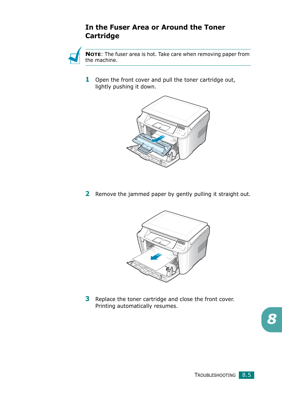 In the fuser area or around the toner cartridge | Samsung Laser MFP SCX-4100 User Manual | Page 136 / 169