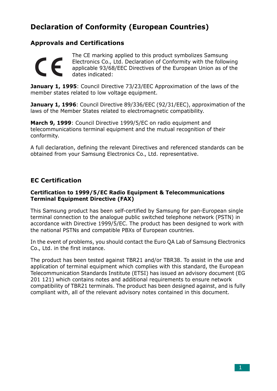 Declaration of conformity (european countries) | Samsung Laser MFP SCX-4100 User Manual | Page 14 / 169