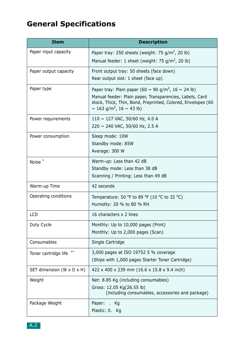 General specifications | Samsung Laser MFP SCX-4100 User Manual | Page 155 / 169