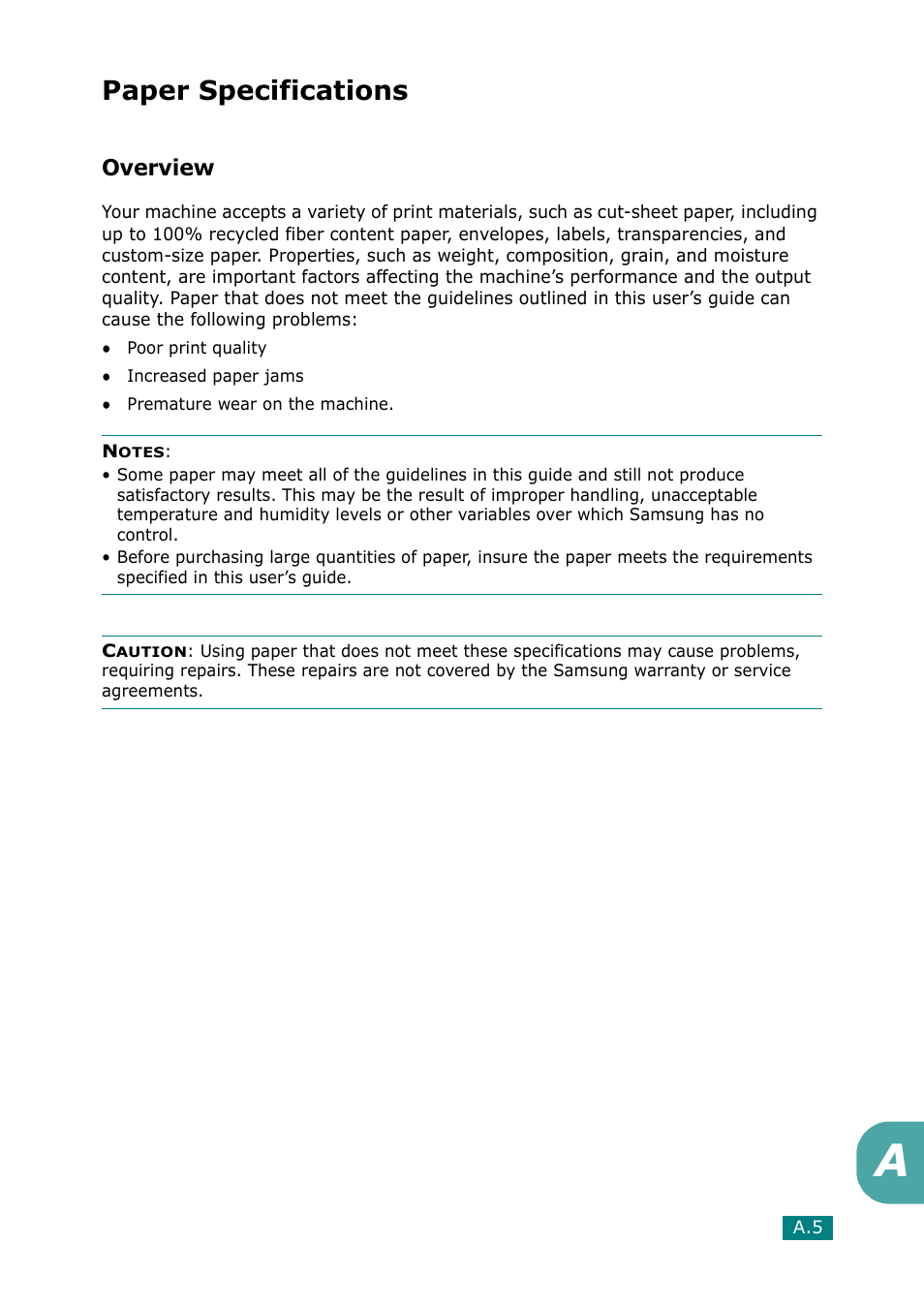 Paper specifications, Overview, Paper | Paper specifications” on, E “paper | Samsung Laser MFP SCX-4100 User Manual | Page 158 / 169