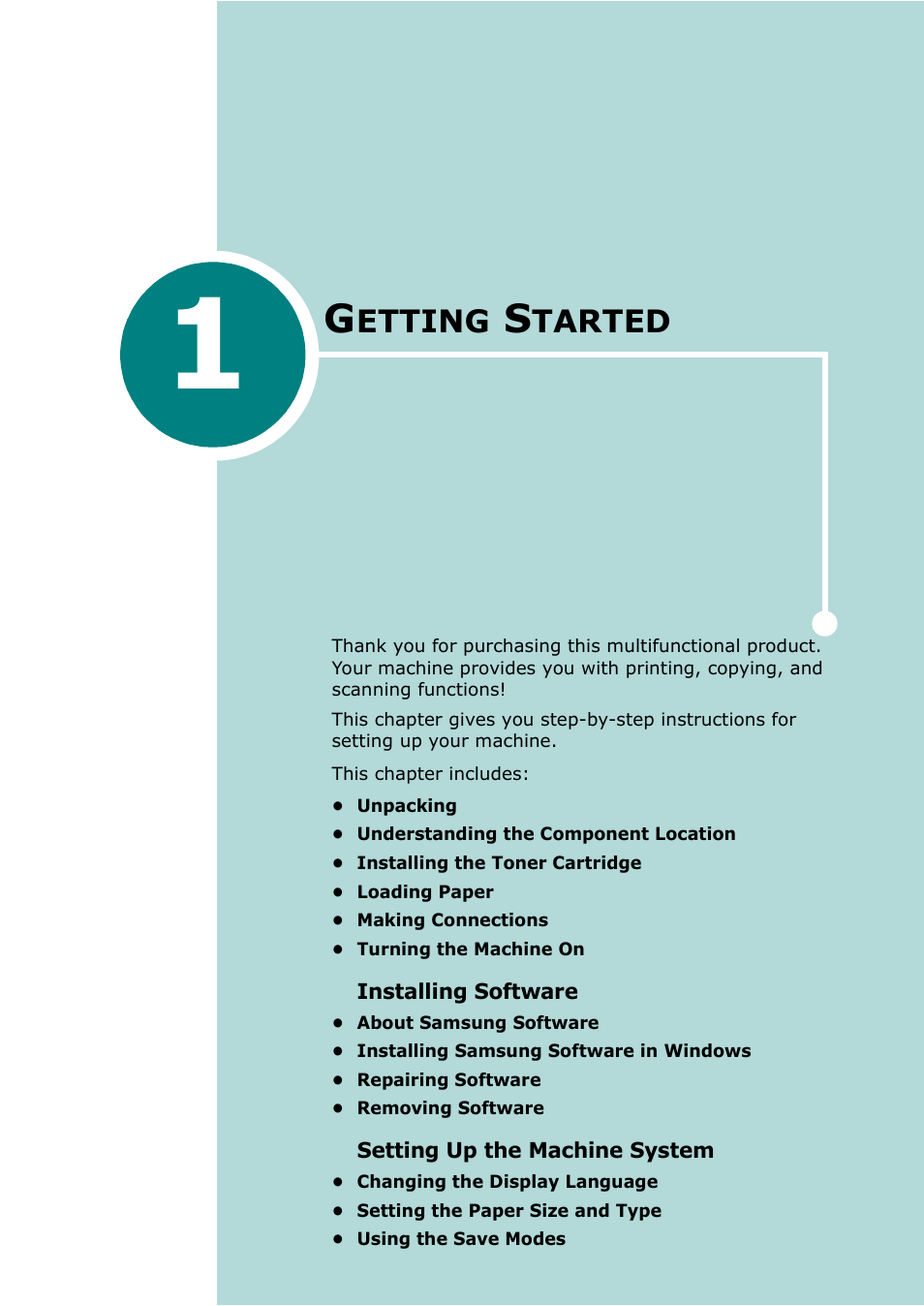 Getting started, Chapter 1, Etting | Tarted | Samsung Laser MFP SCX-4100 User Manual | Page 18 / 169