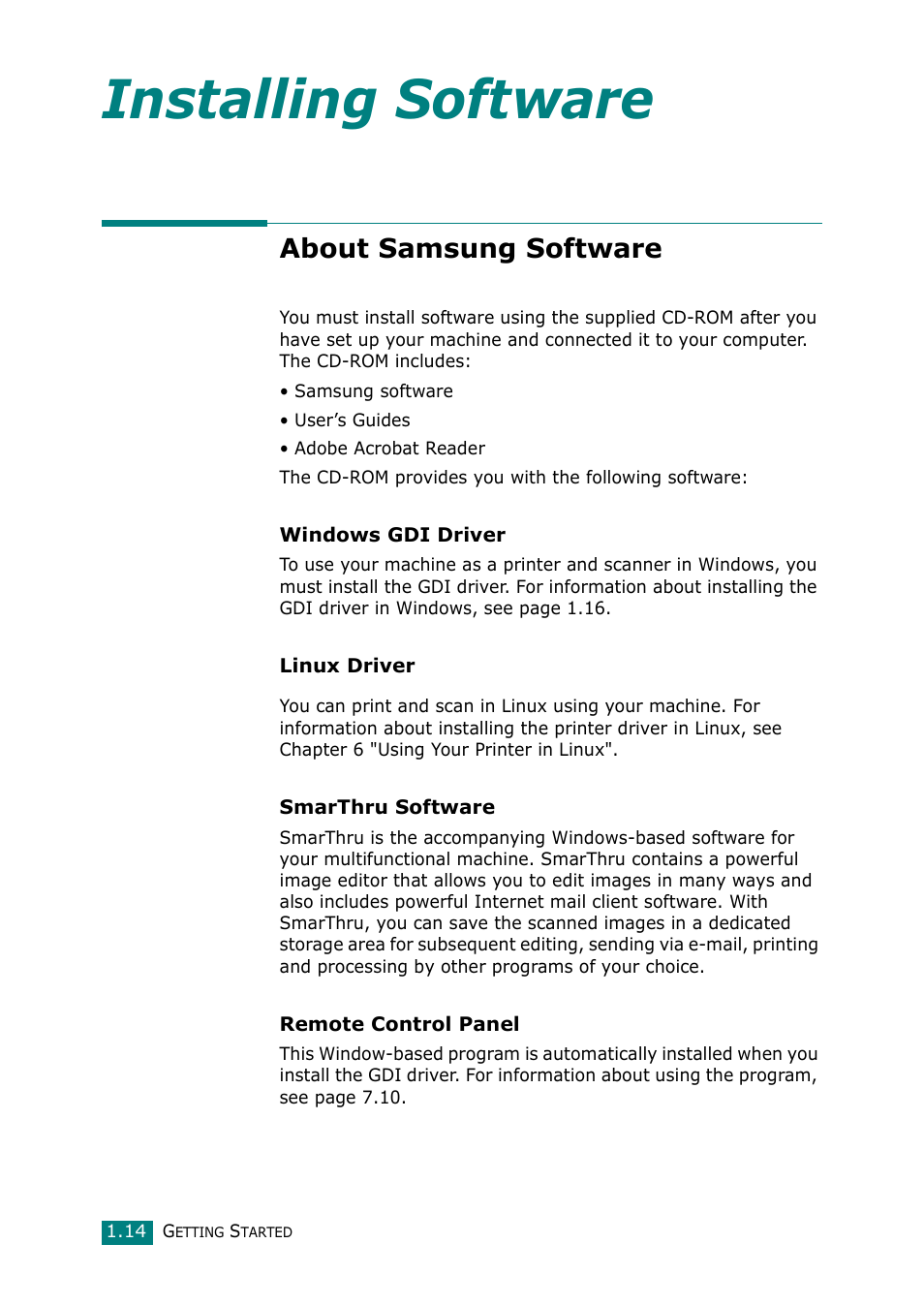 About samsung software, Installing software | Samsung Laser MFP SCX-4100 User Manual | Page 31 / 169