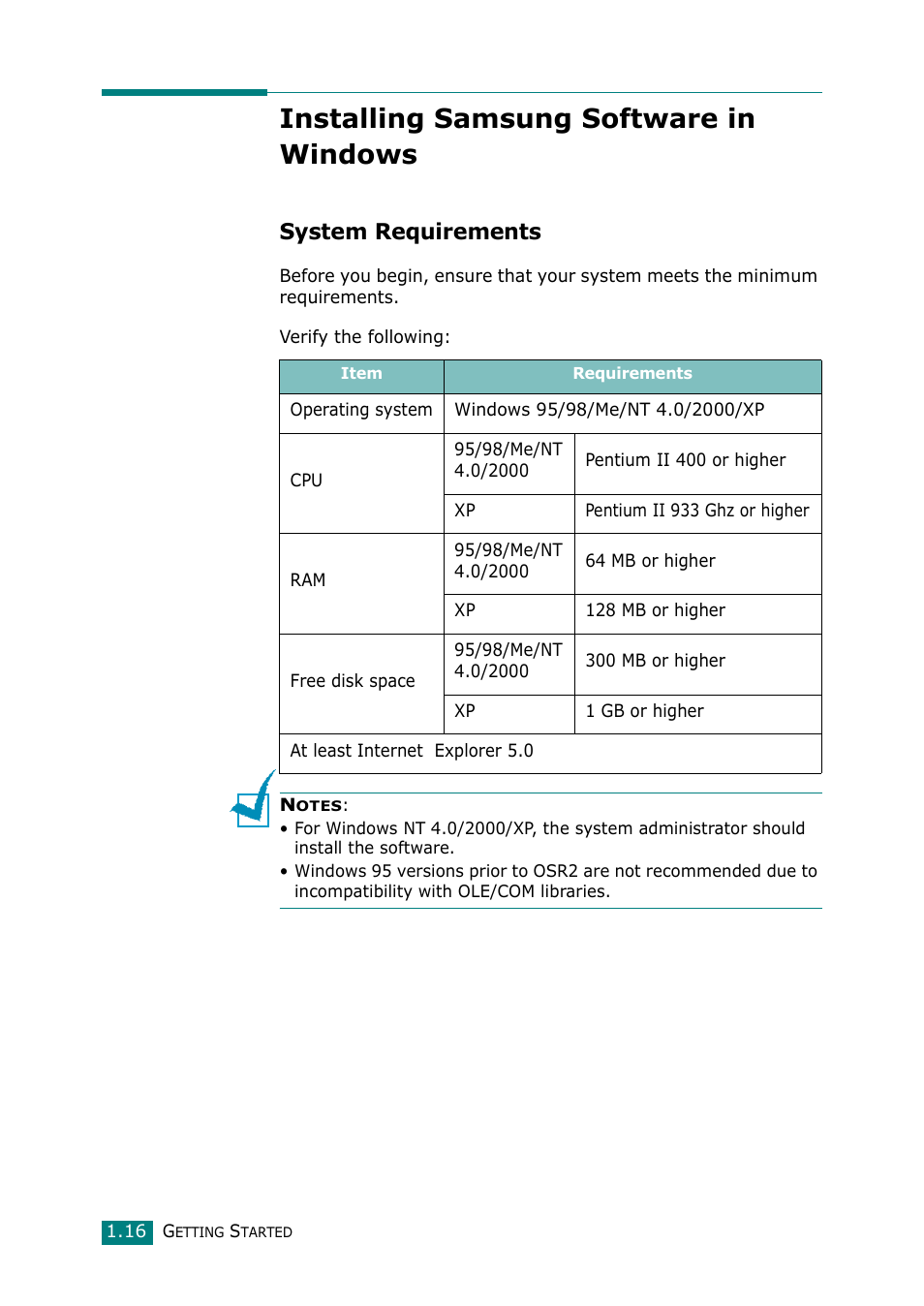 Installing samsung software in windows, System requirements | Samsung Laser MFP SCX-4100 User Manual | Page 33 / 169