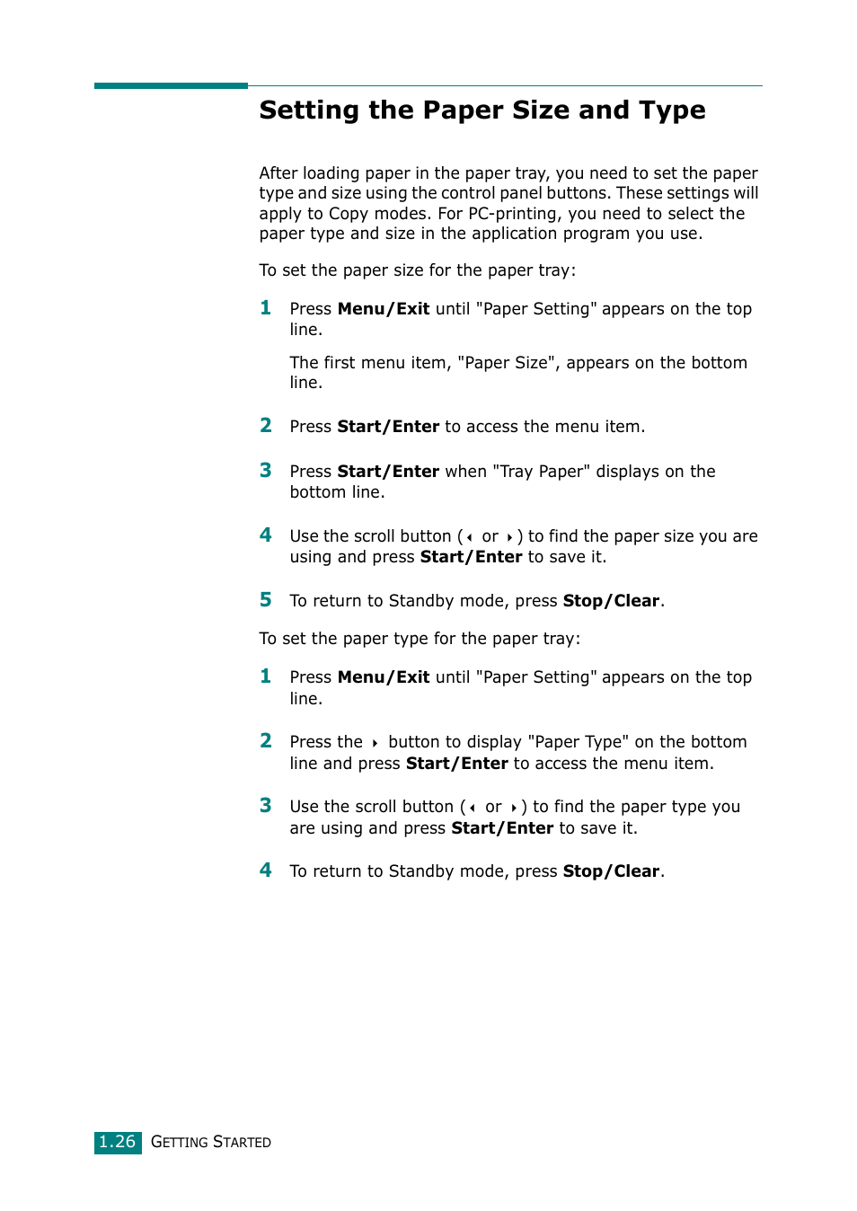 Setting the paper size and type | Samsung Laser MFP SCX-4100 User Manual | Page 43 / 169