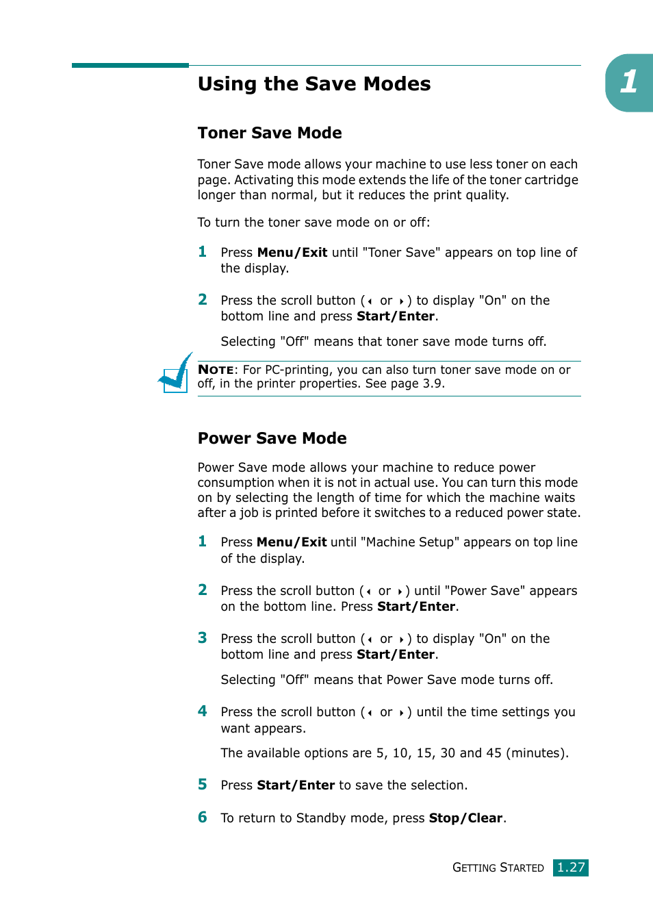 Using the save modes, Toner save mode, Power save mode | Samsung Laser MFP SCX-4100 User Manual | Page 44 / 169