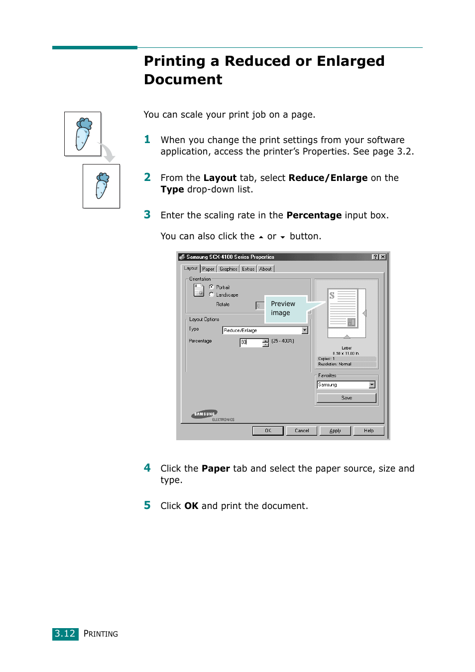 Printing a reduced or enlarged document | Samsung Laser MFP SCX-4100 User Manual | Page 69 / 169